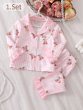Baby Girl Teddy Print Long Sleeve Pants 2 Piece Set