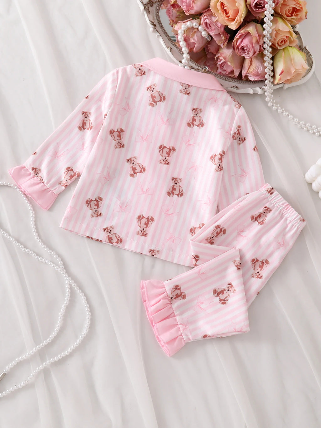 Baby Girl Teddy Print Long Sleeve Pants 2 Piece Set