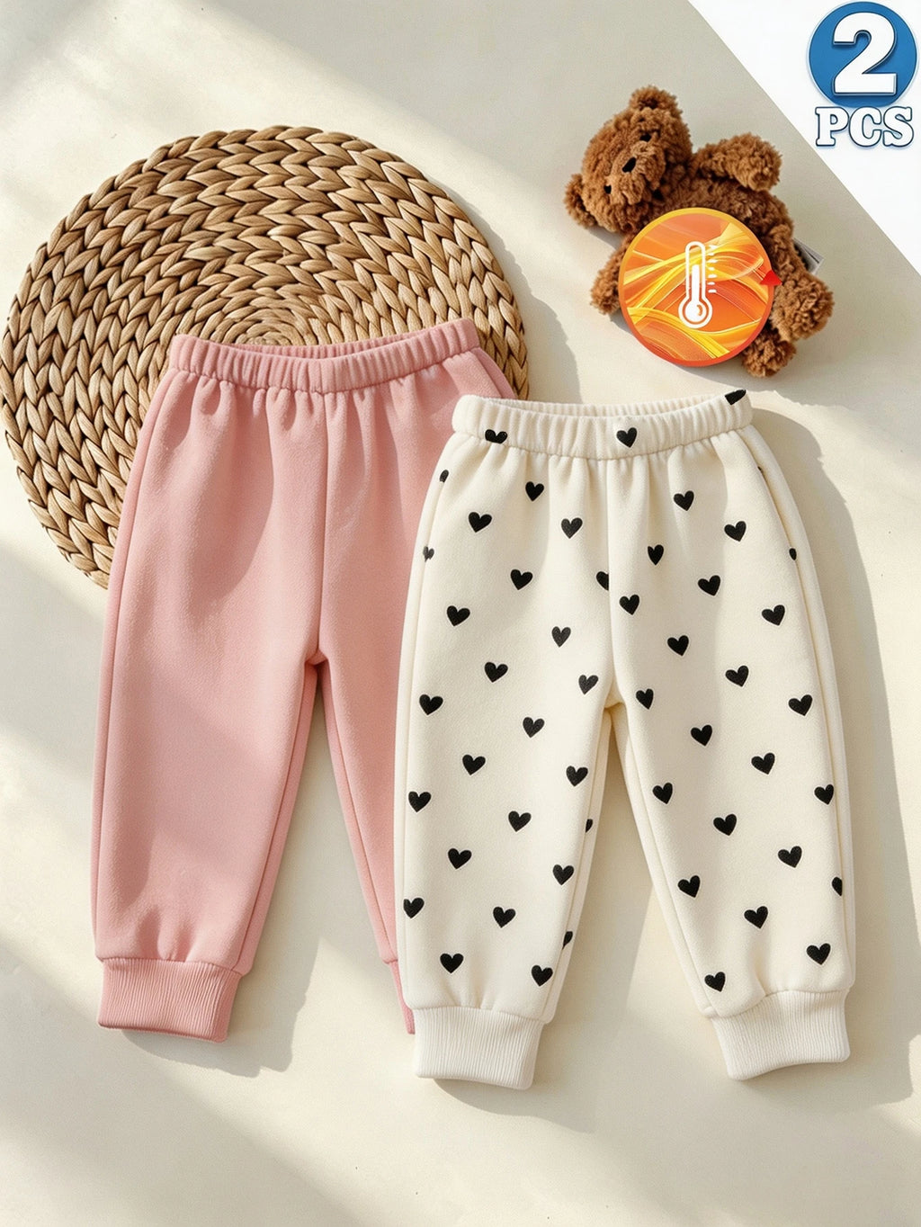 Baby Girl Thermal Heart Pattern Sweatpants 2pc Set - Multicolor