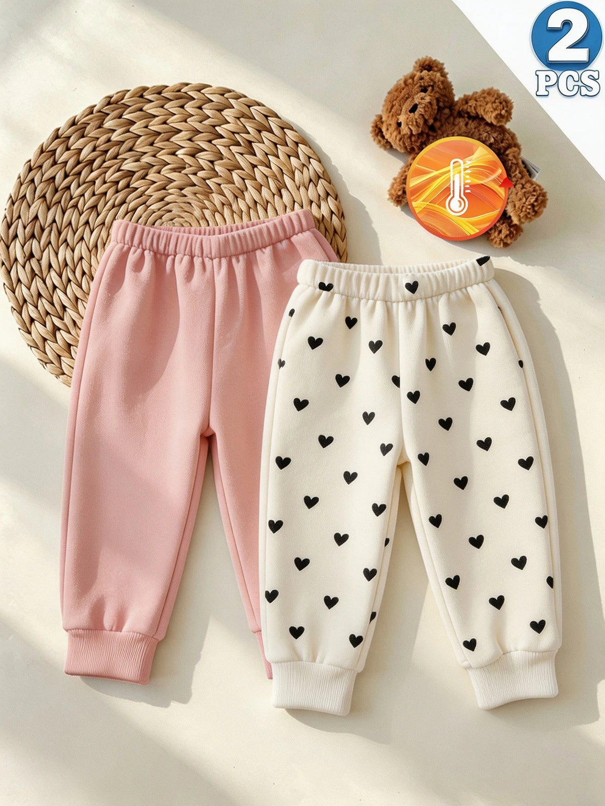 Baby Girl Thermal Heart Pattern Sweatpants 2pc Set - Multicolor