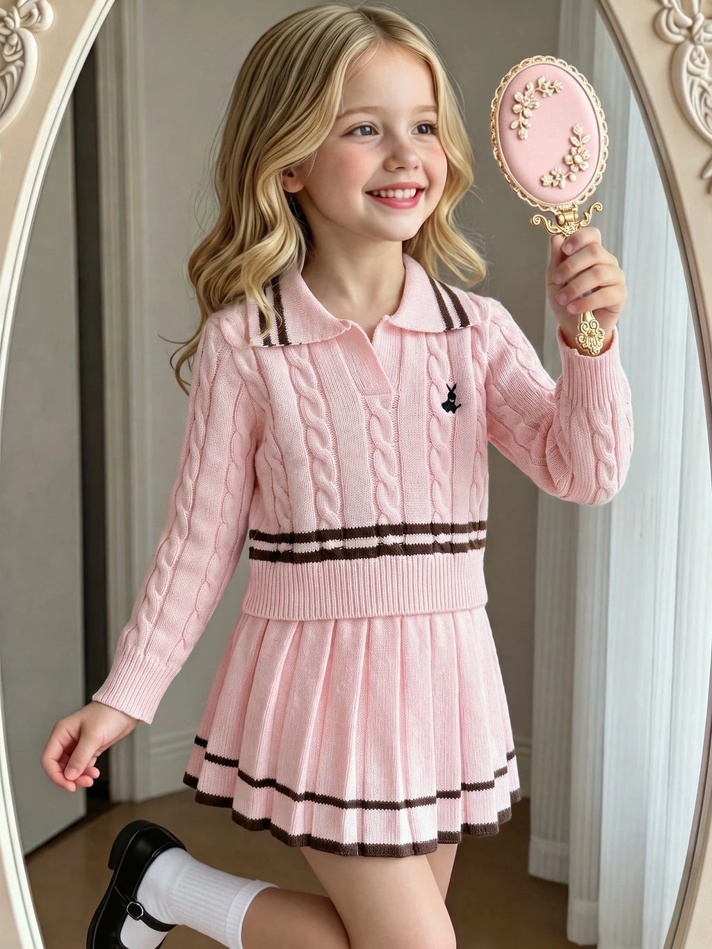 Girl Embroidered Rabbit Knitted Sweater Skirt 2 Piece Set