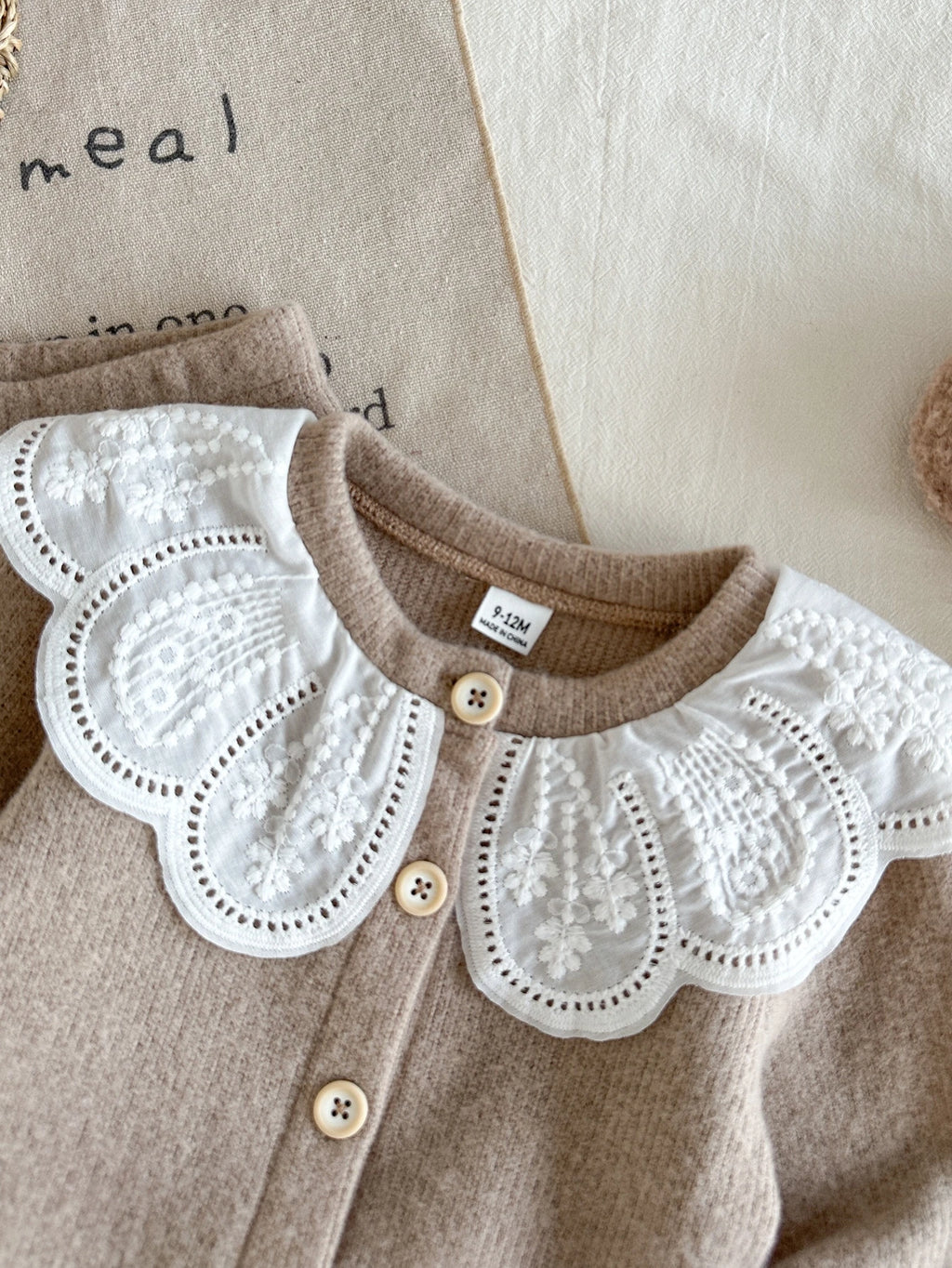 Baby Girl Camel Knit Lace Embroidered Set Khaki