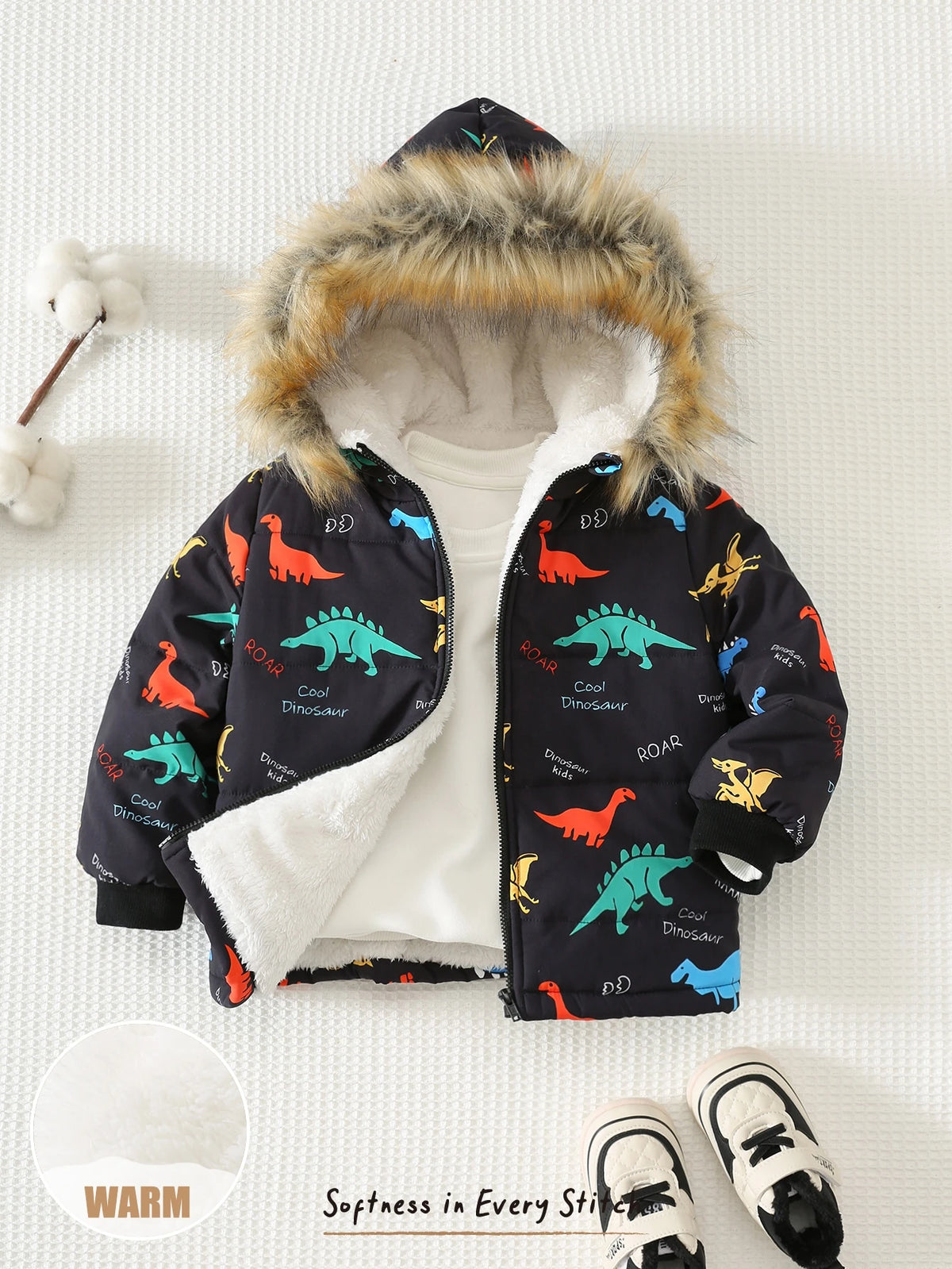Bambinoo x Cozy Pixies Boys' Dinosaur Print Hooded Thermal Puffer Coat
