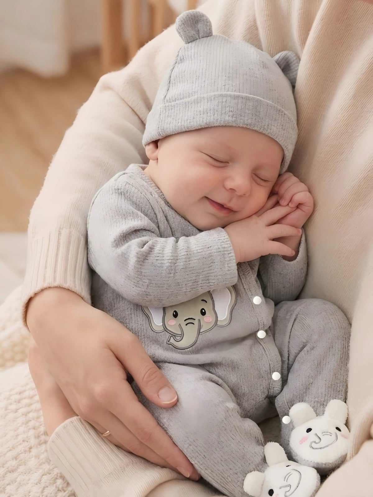 Unisex Gray Elephant Embroidered Long-Sleeve Jumpsuit Grey