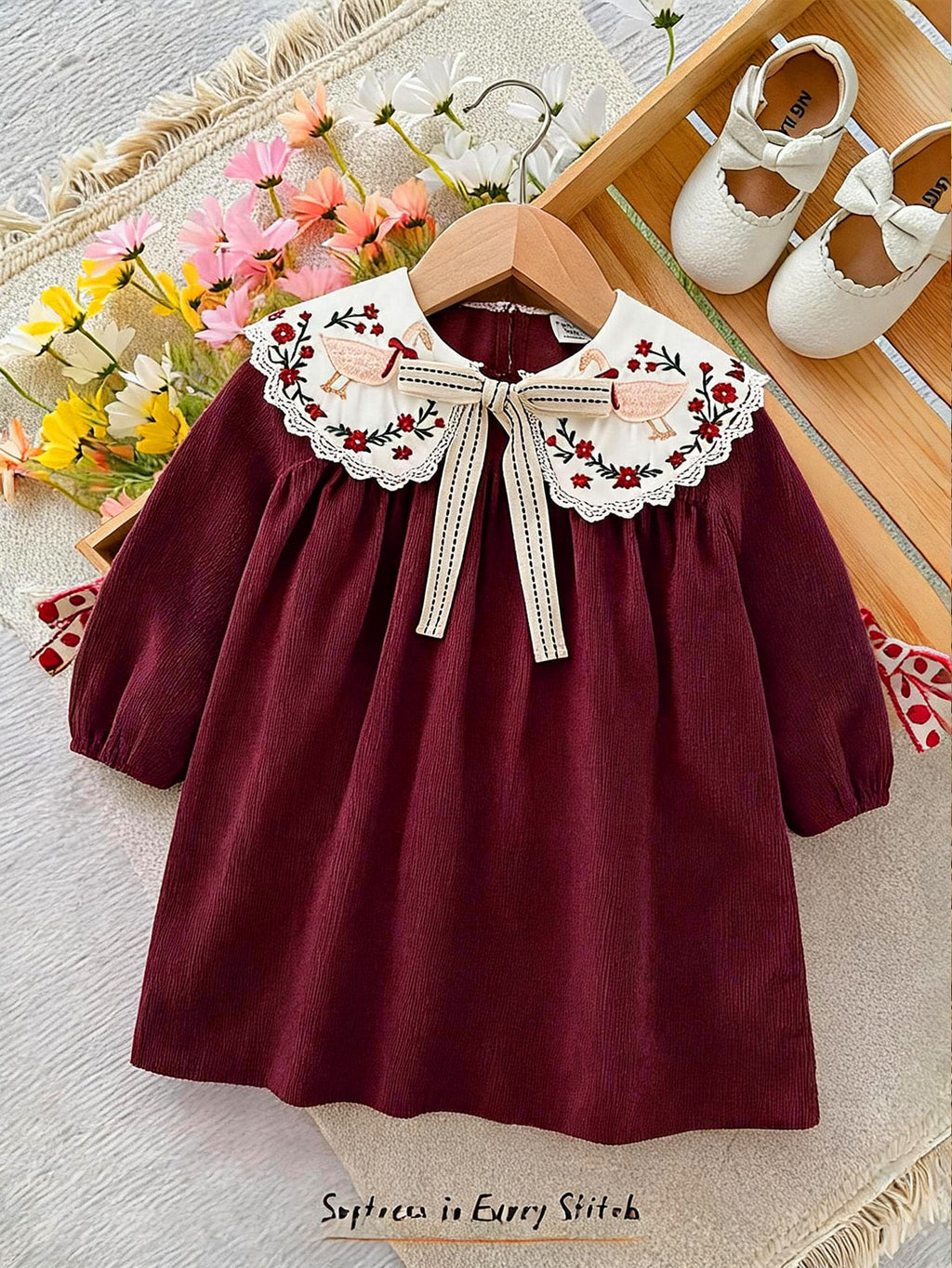 LMoss Kids Baby Girl Colorblock Embroidered Collar Dress