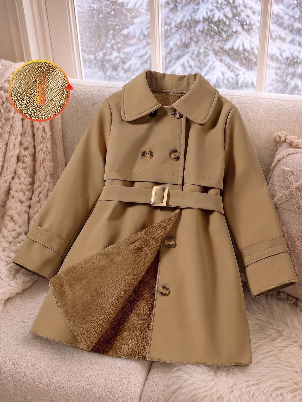 Young Girl Double Breasted Belted Midi Trench Coat