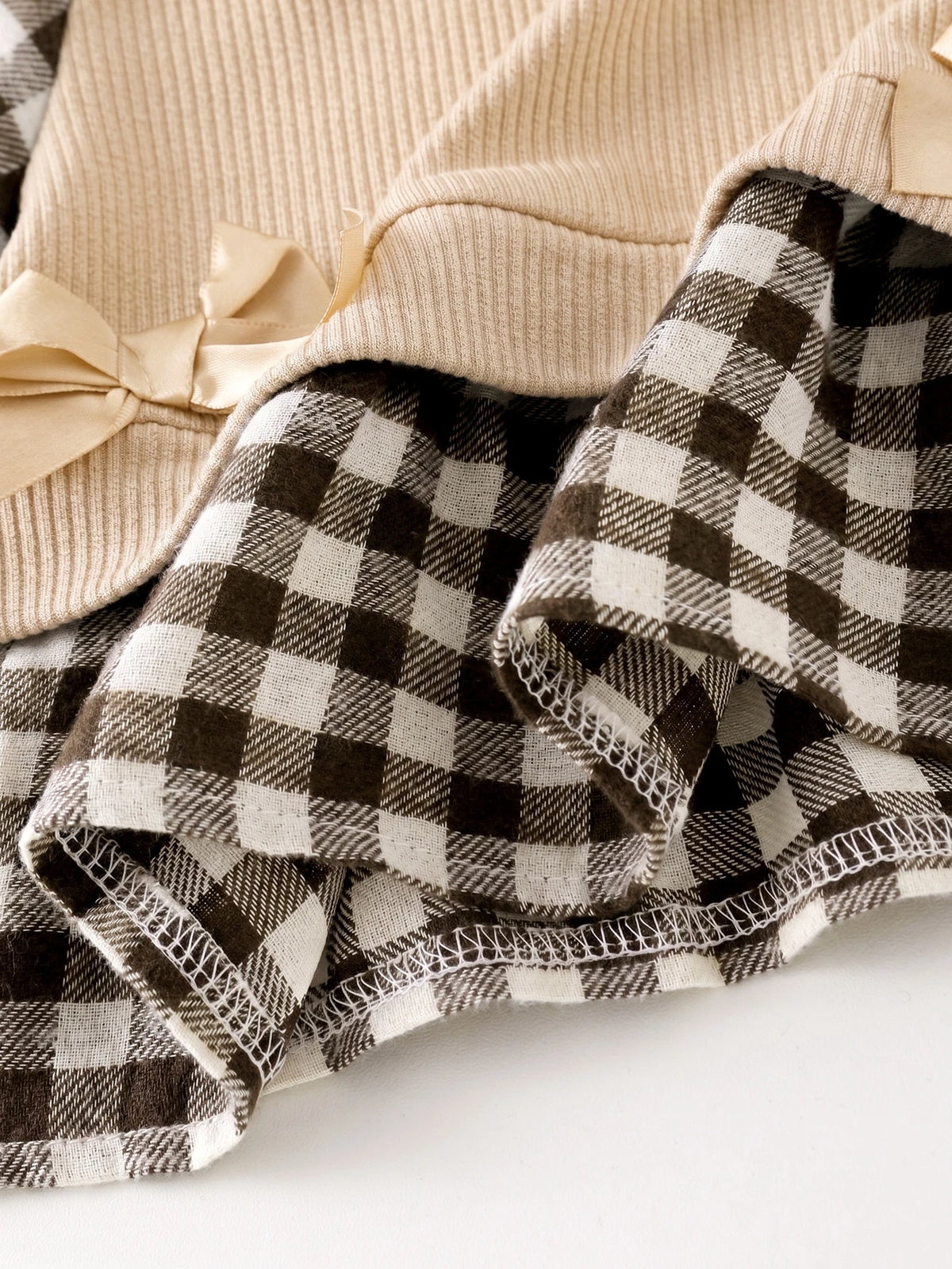 Toddler Girl Color Block Plaid Bow T-Shirt Ribbed Pants 2 Piece Set