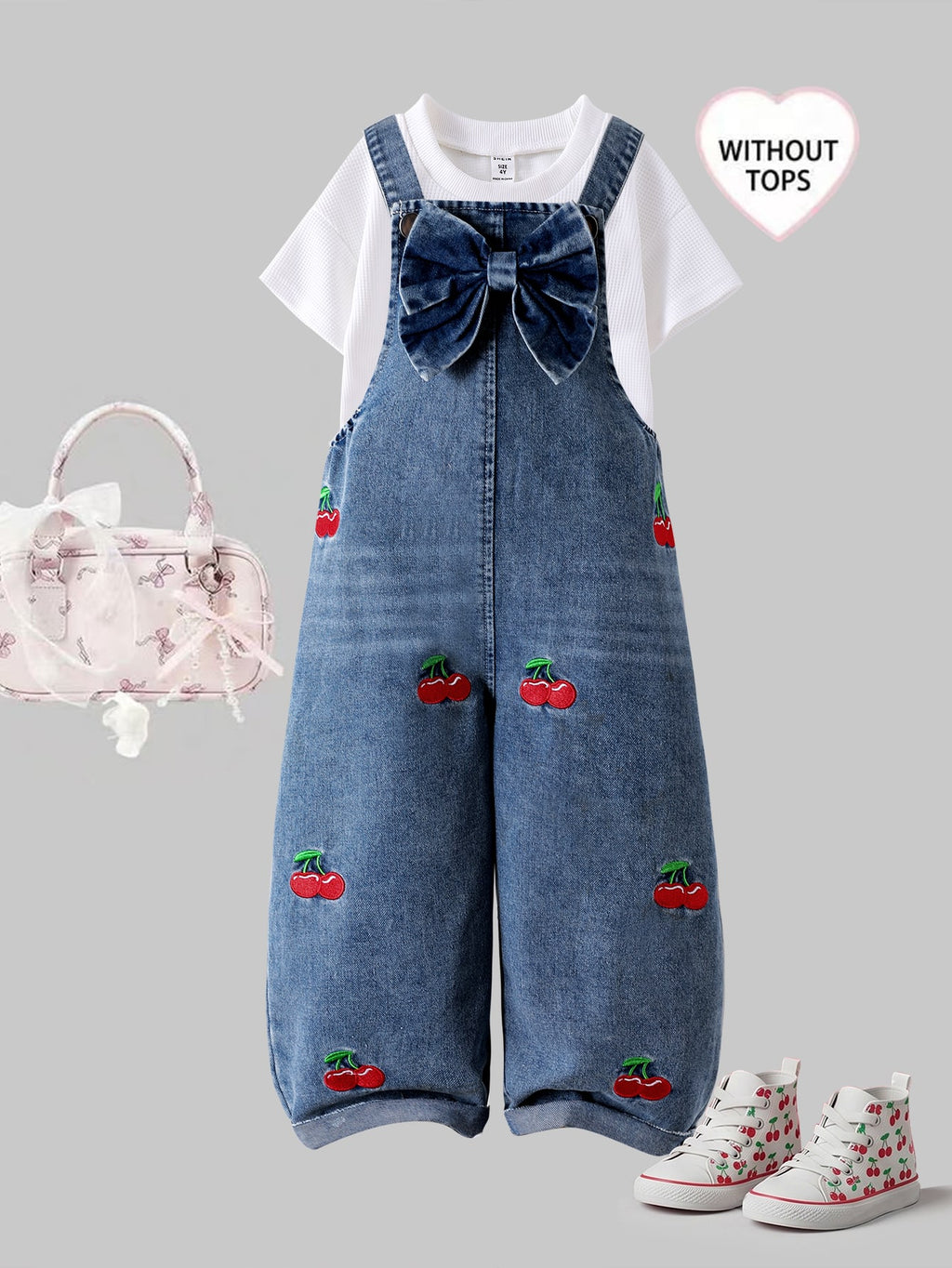 Baby Girl Bow Heart Embroidered Denim Straight Leg Overalls