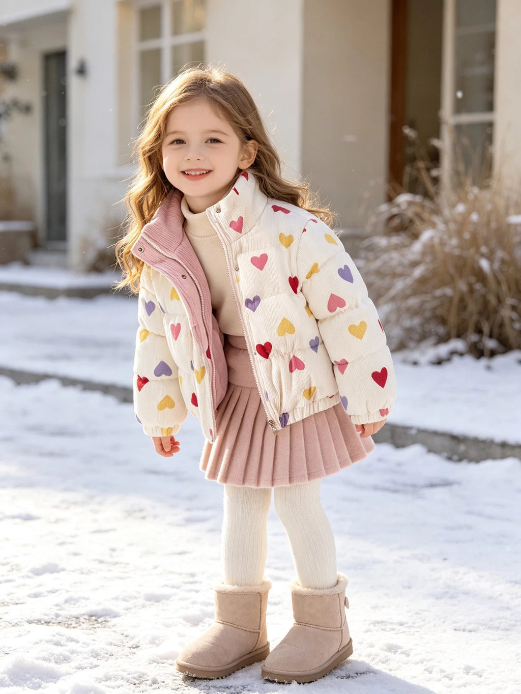 Young Girl Heart Print Corduroy Thickened Padded Coat