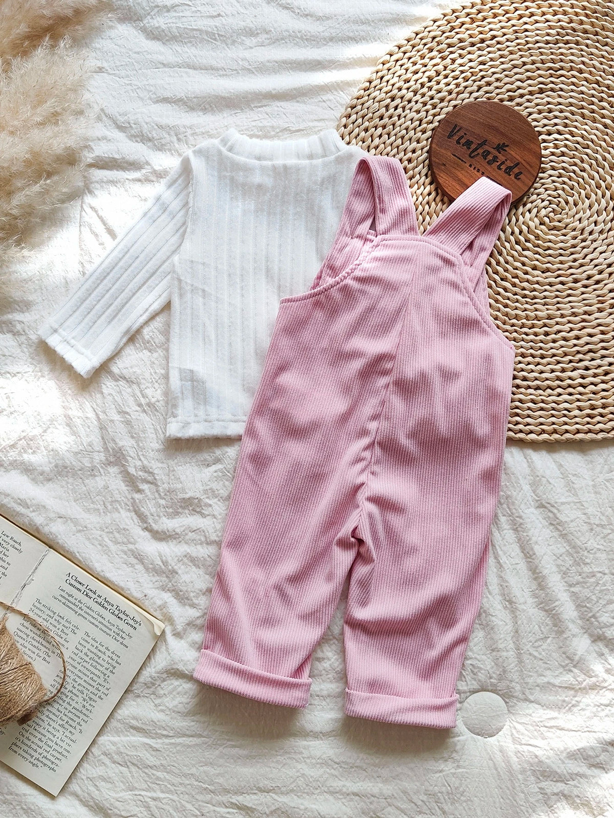 Baby Girl Solid Long Sleeve Top Rabbit Bib Pants Set