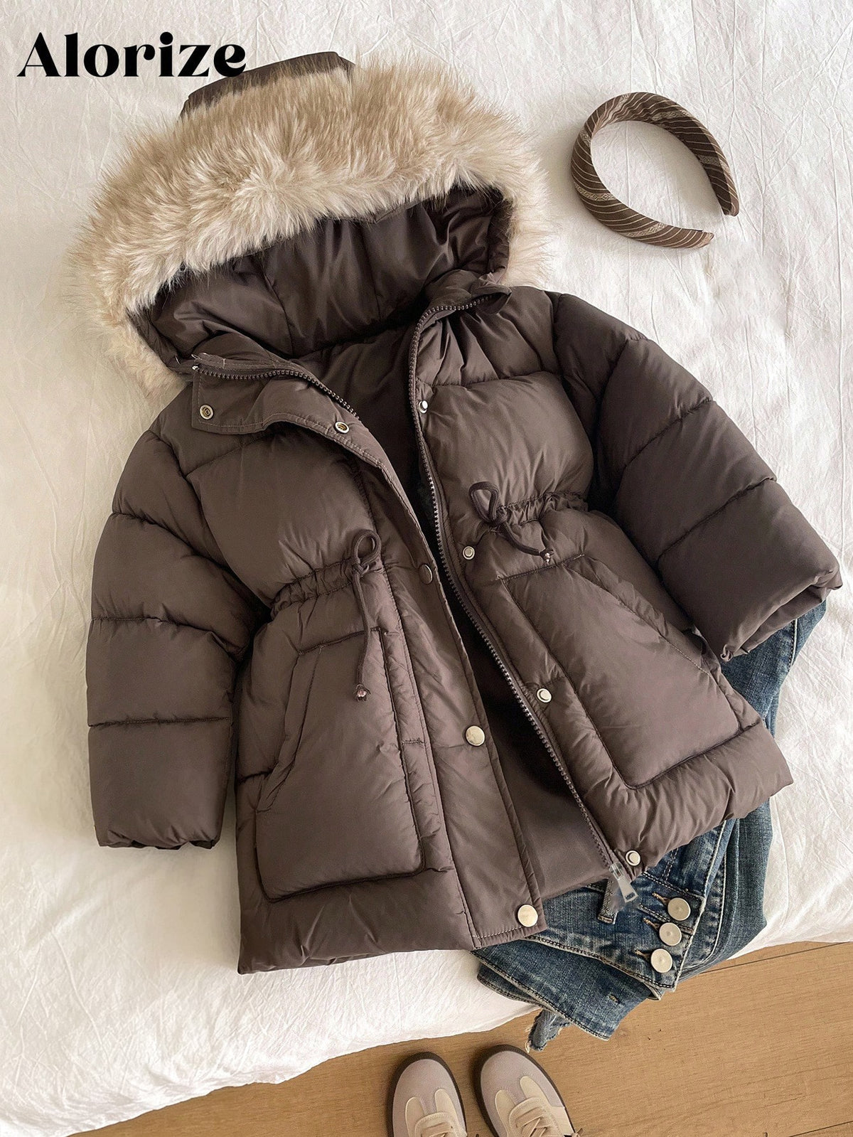 Young Girl Mid Length Waist Cinched Padded Coat