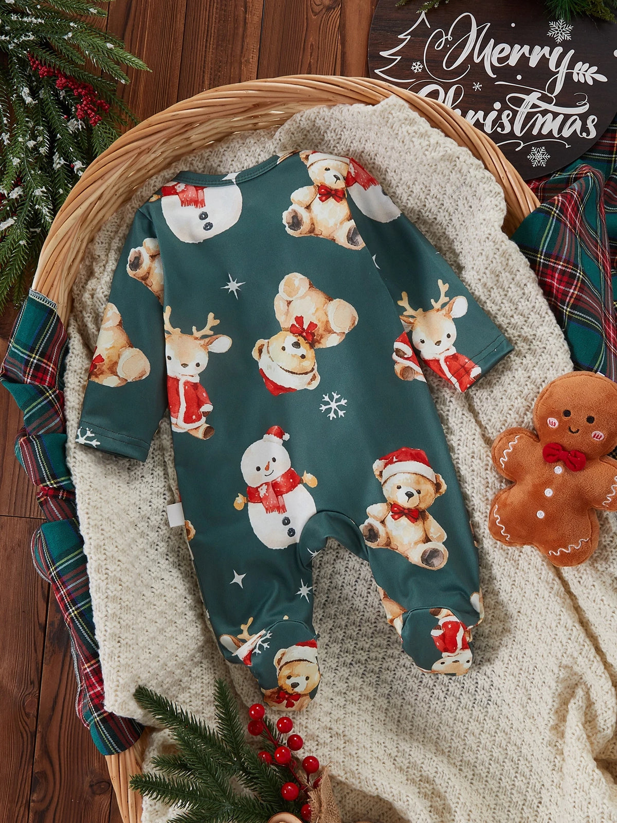 Newborn Green Snowman Bear Footed Christmas Jumpsuit Green