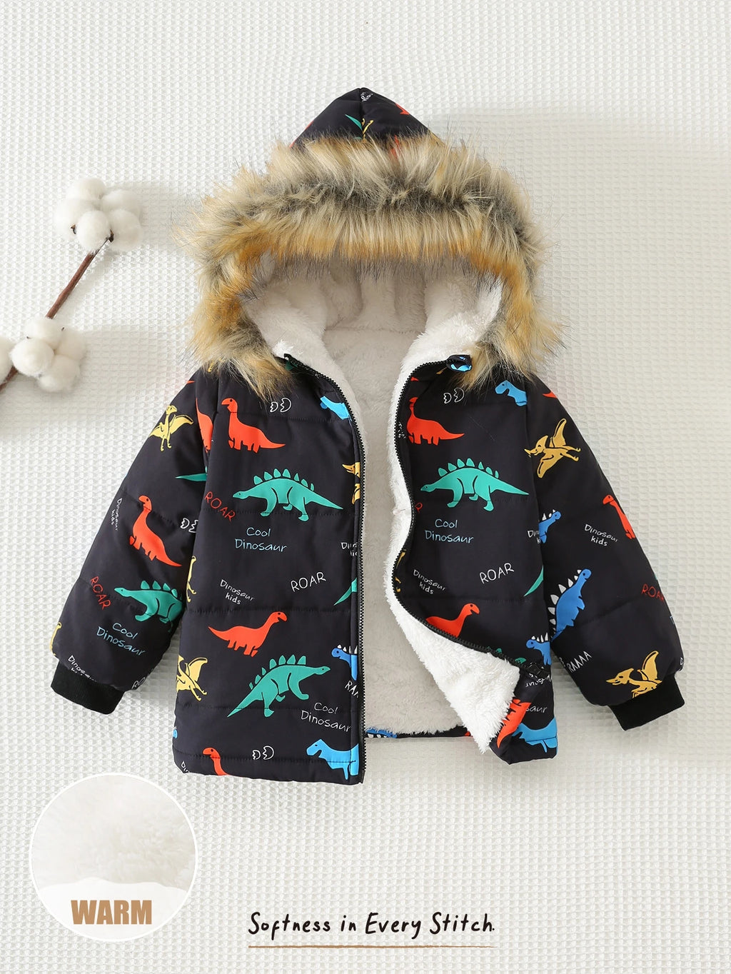 Bambinoo x Cozy Pixies Boys' Dinosaur Print Hooded Thermal Puffer Coat