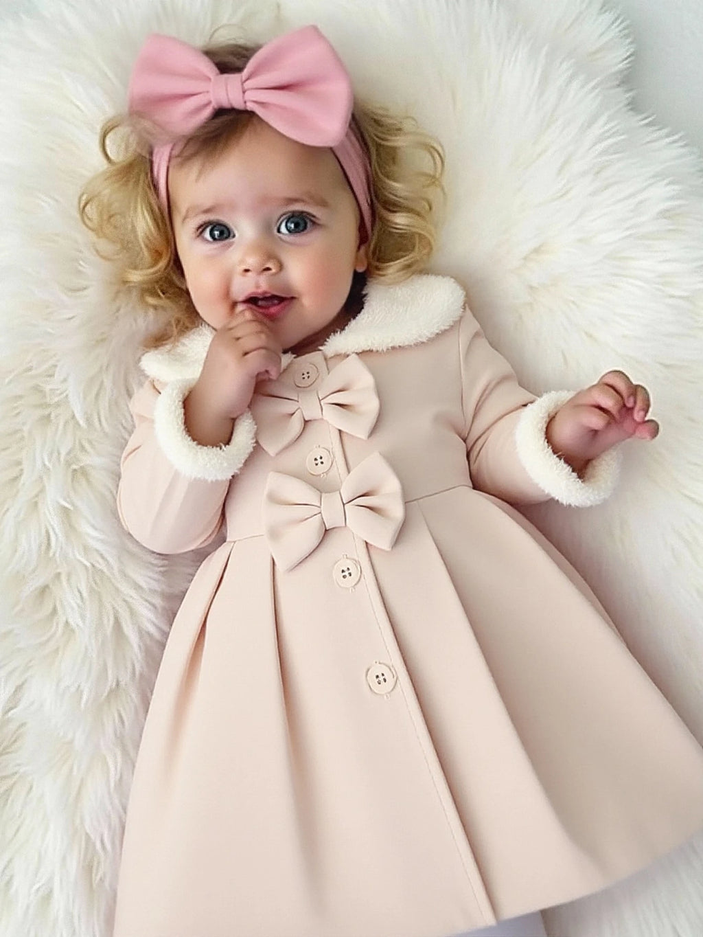 Baby Girl White Bow Faux Fur Collar Trench Coat White Apricot