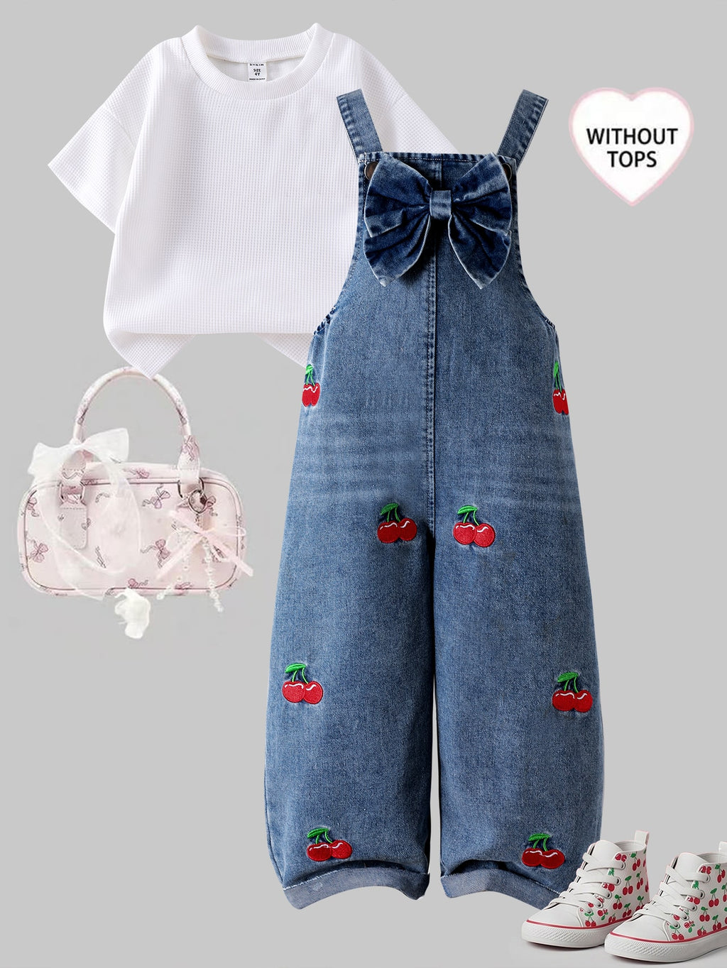 Baby Girl Bow Heart Embroidered Denim Straight Leg Overalls