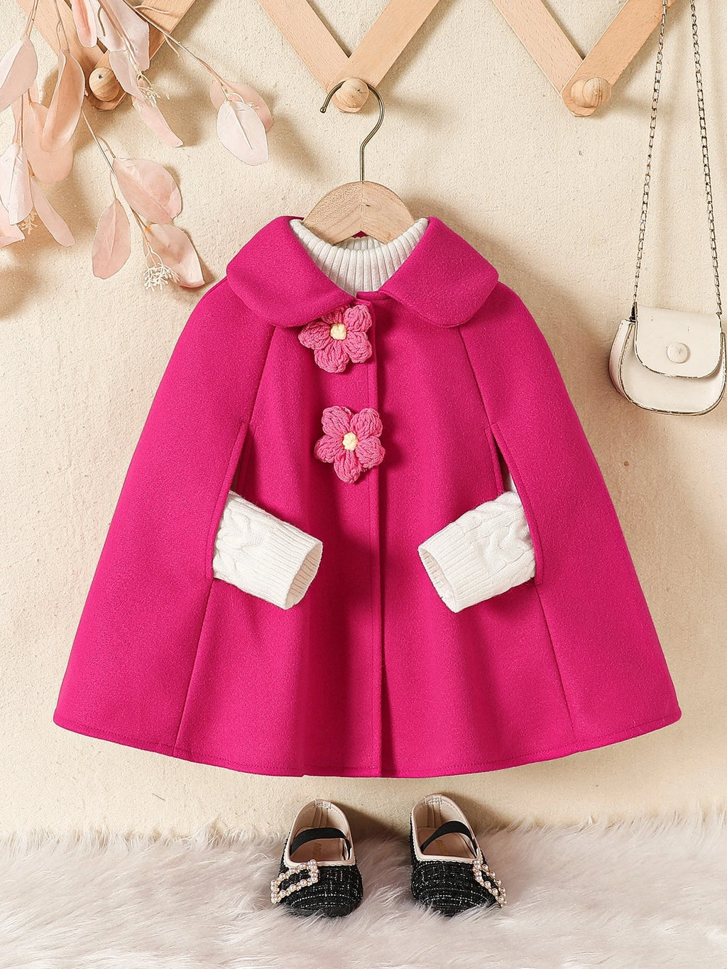 Girl Patchwork 3D Crochet Flower Cape Shawl Overcoat