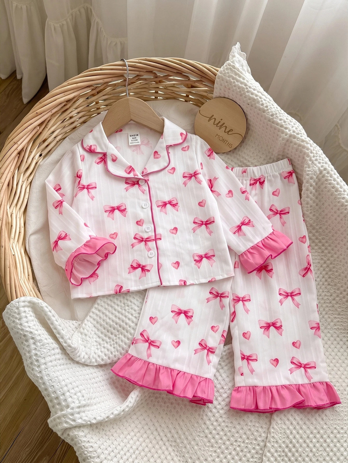 Baby Girl Bow Print Contrast Piping Ruffle Trim PJ Set White