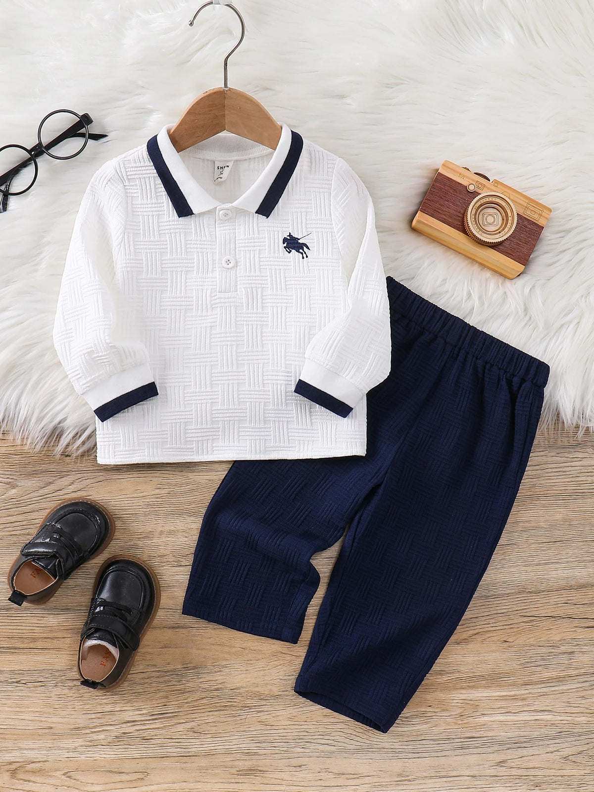 Baby Boy White Shirt Polo Blue Pants Set