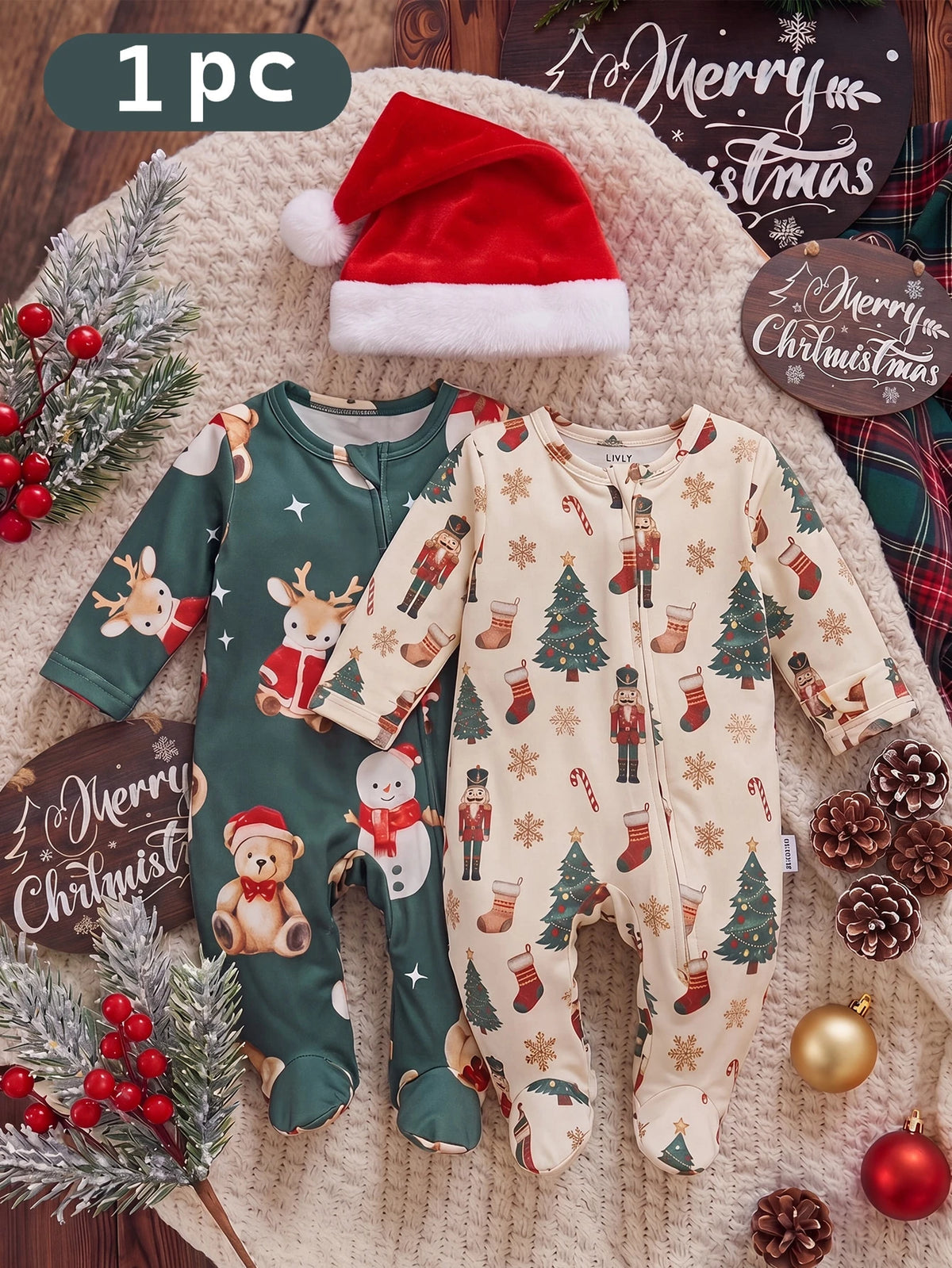 Newborn Green Snowman Bear Footed Christmas Jumpsuit Green