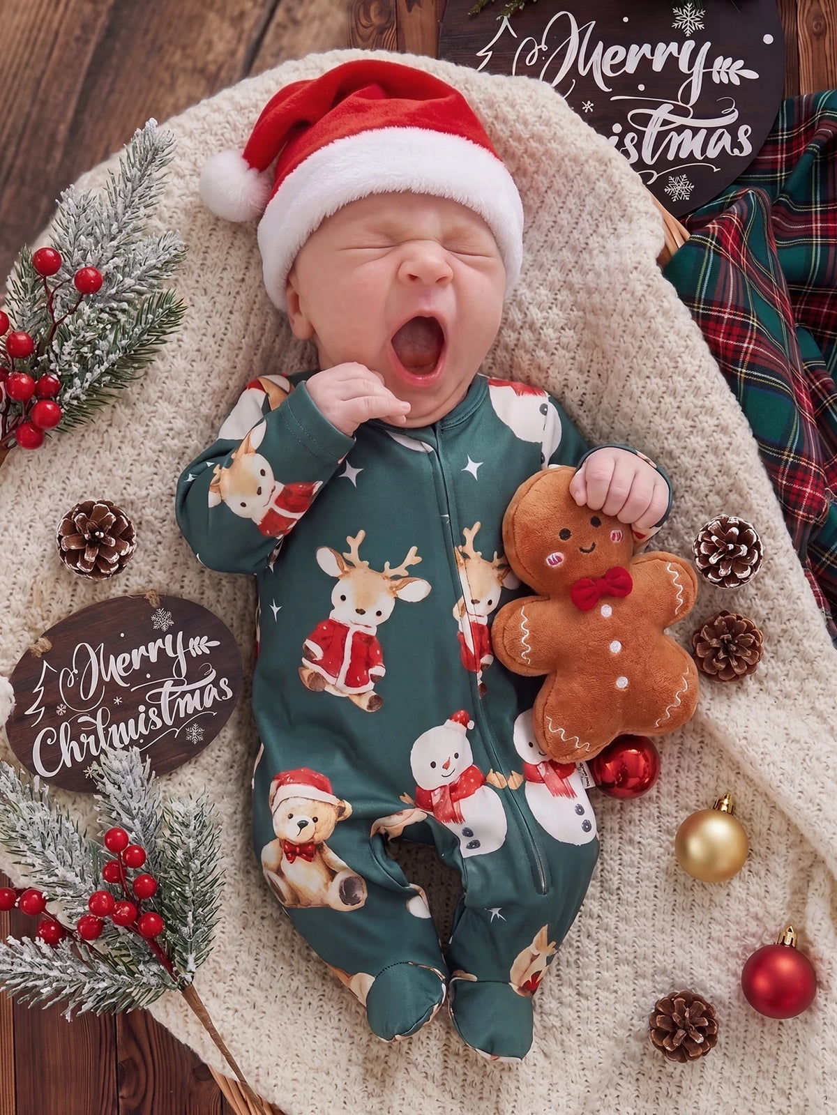 Newborn Green Snowman Bear Footed Christmas Jumpsuit Green
