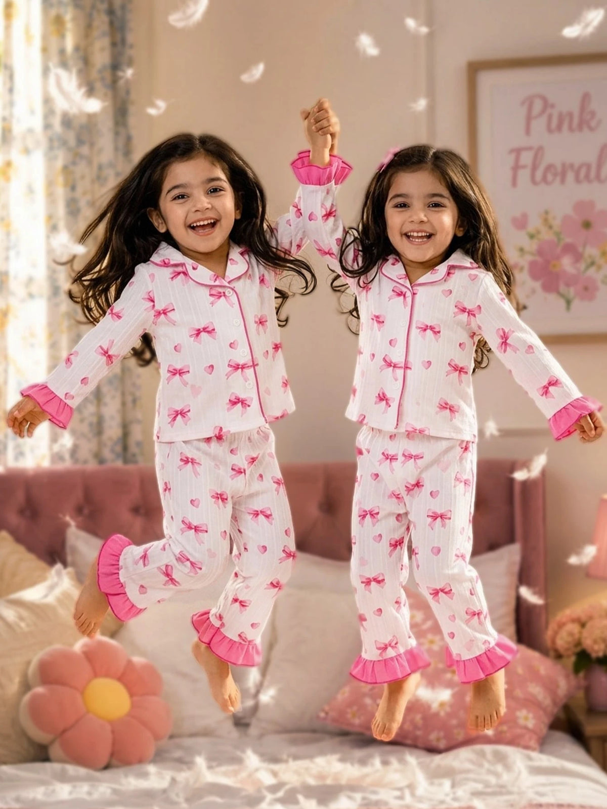 Baby Girl Bow Print Contrast Piping Ruffle Trim PJ Set White