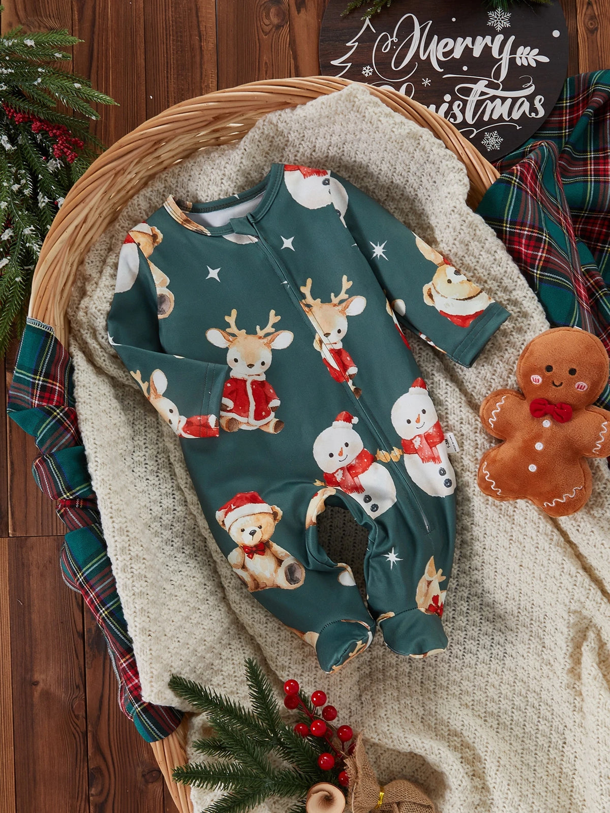 Newborn Green Snowman Bear Footed Christmas Jumpsuit Green