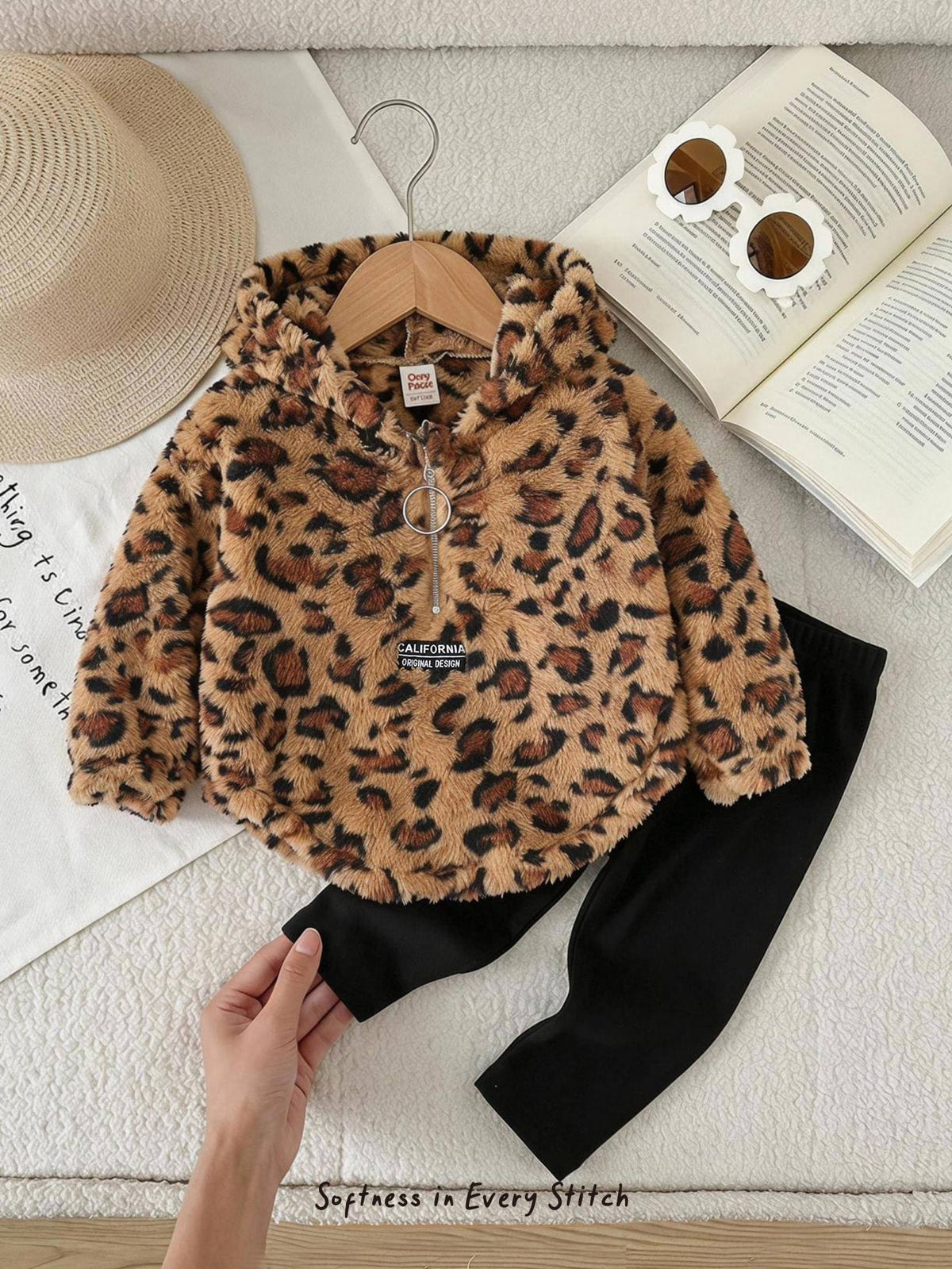 Ensemble 2 pièces legging et sweat à capuche en peluche à motif pour bébé fille