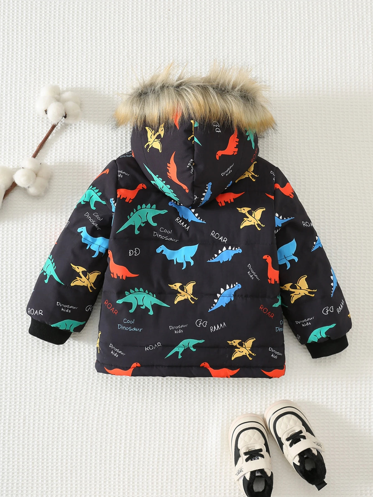Bambinoo x Cozy Pixies Boys' Dinosaur Print Hooded Thermal Puffer Coat
