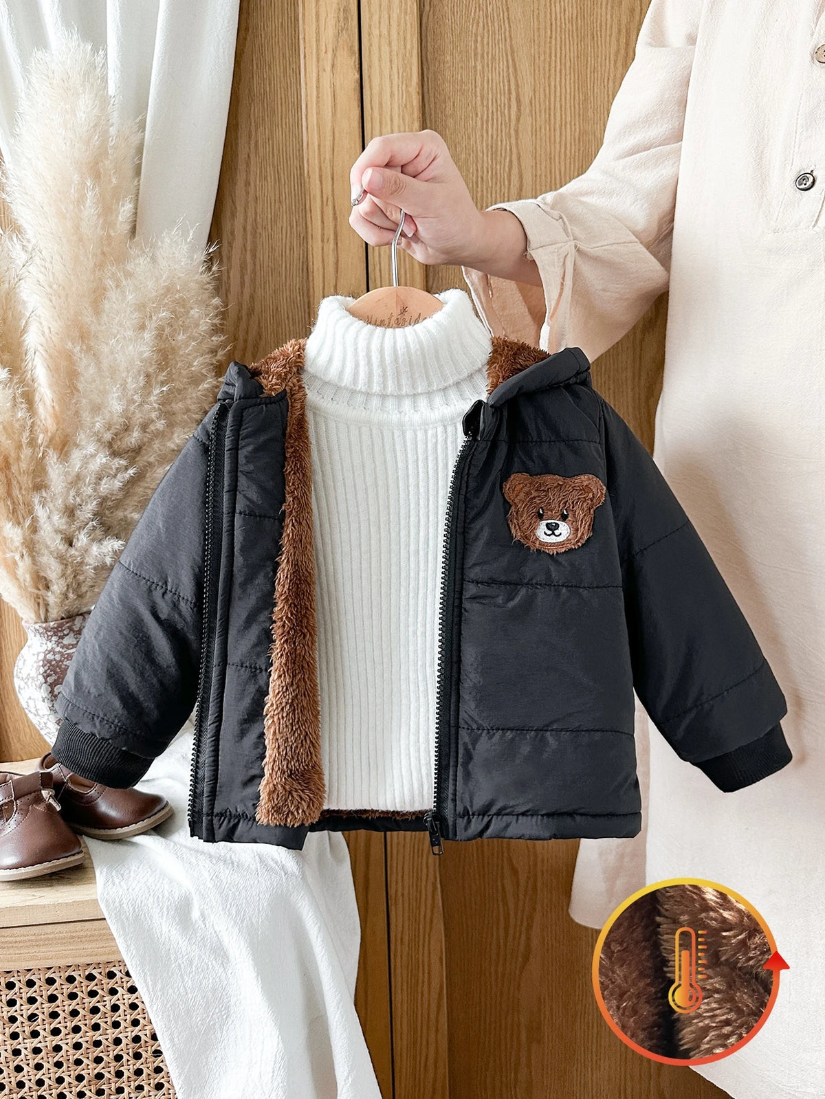 Vintaside Baby Boy Plush Bear Fleece-Lined Jacket Black