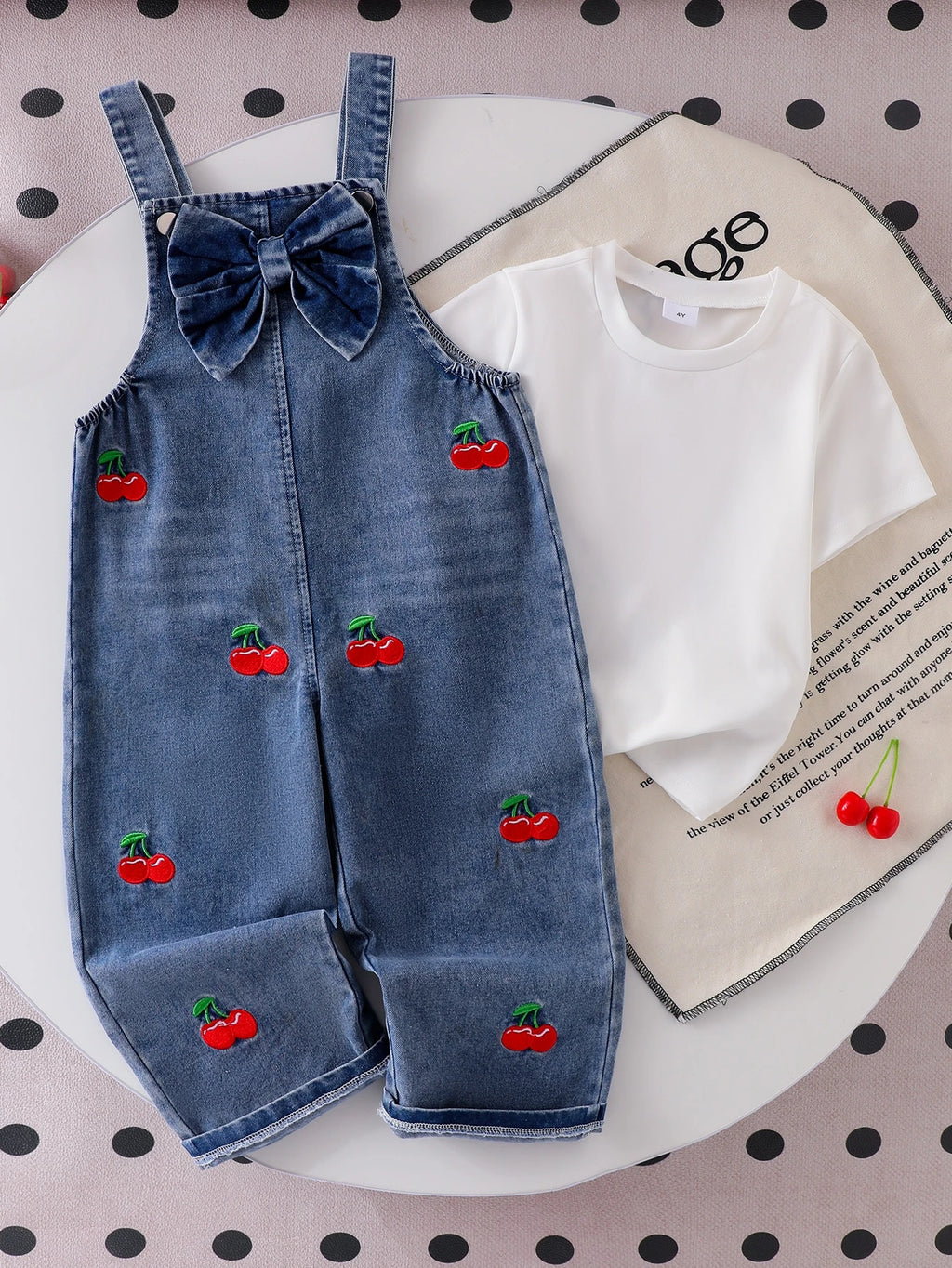 Baby Girl Bow Heart Embroidered Denim Straight Leg Overalls
