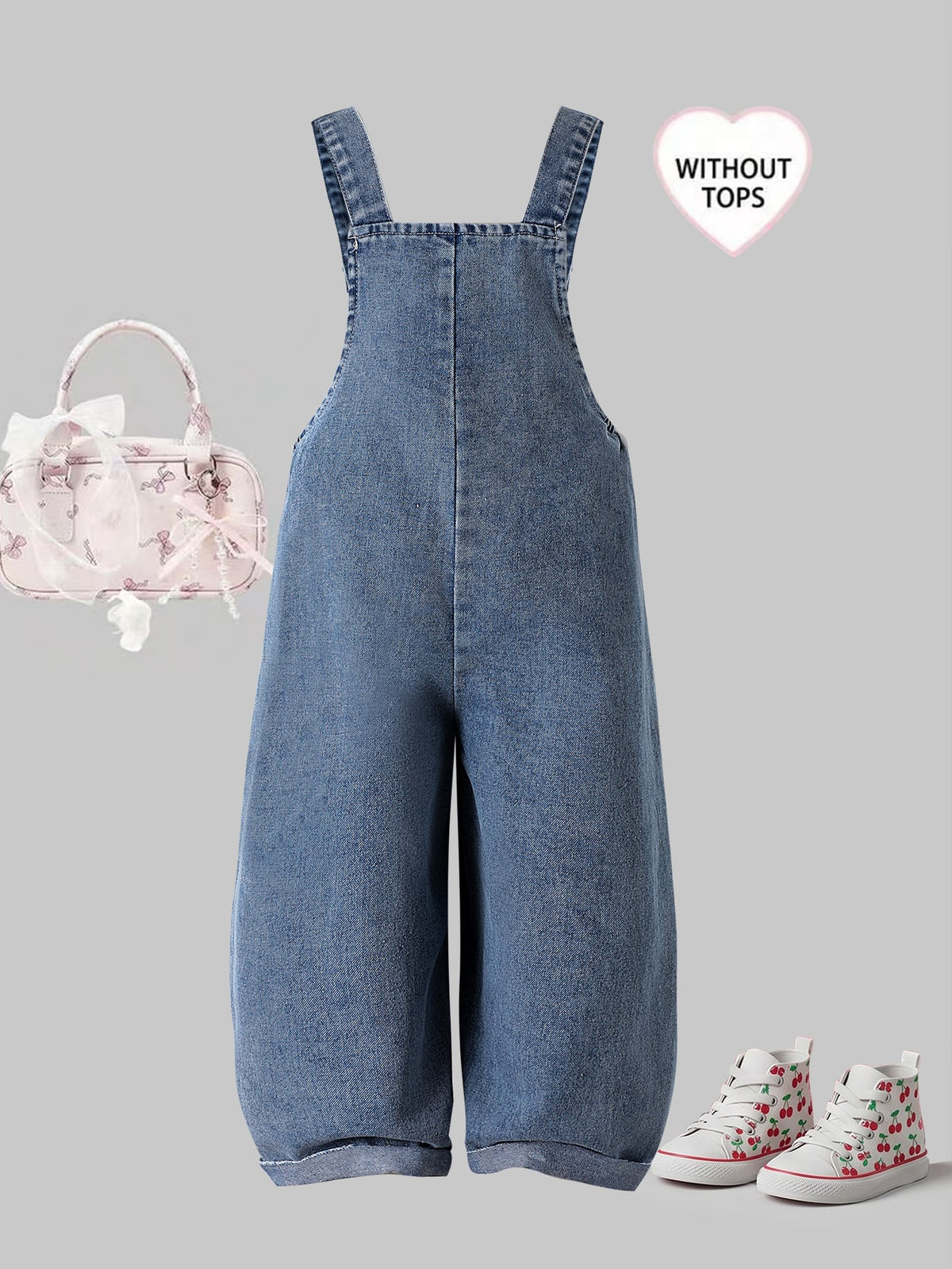 Baby Girl Bow Heart Embroidered Denim Straight Leg Overalls