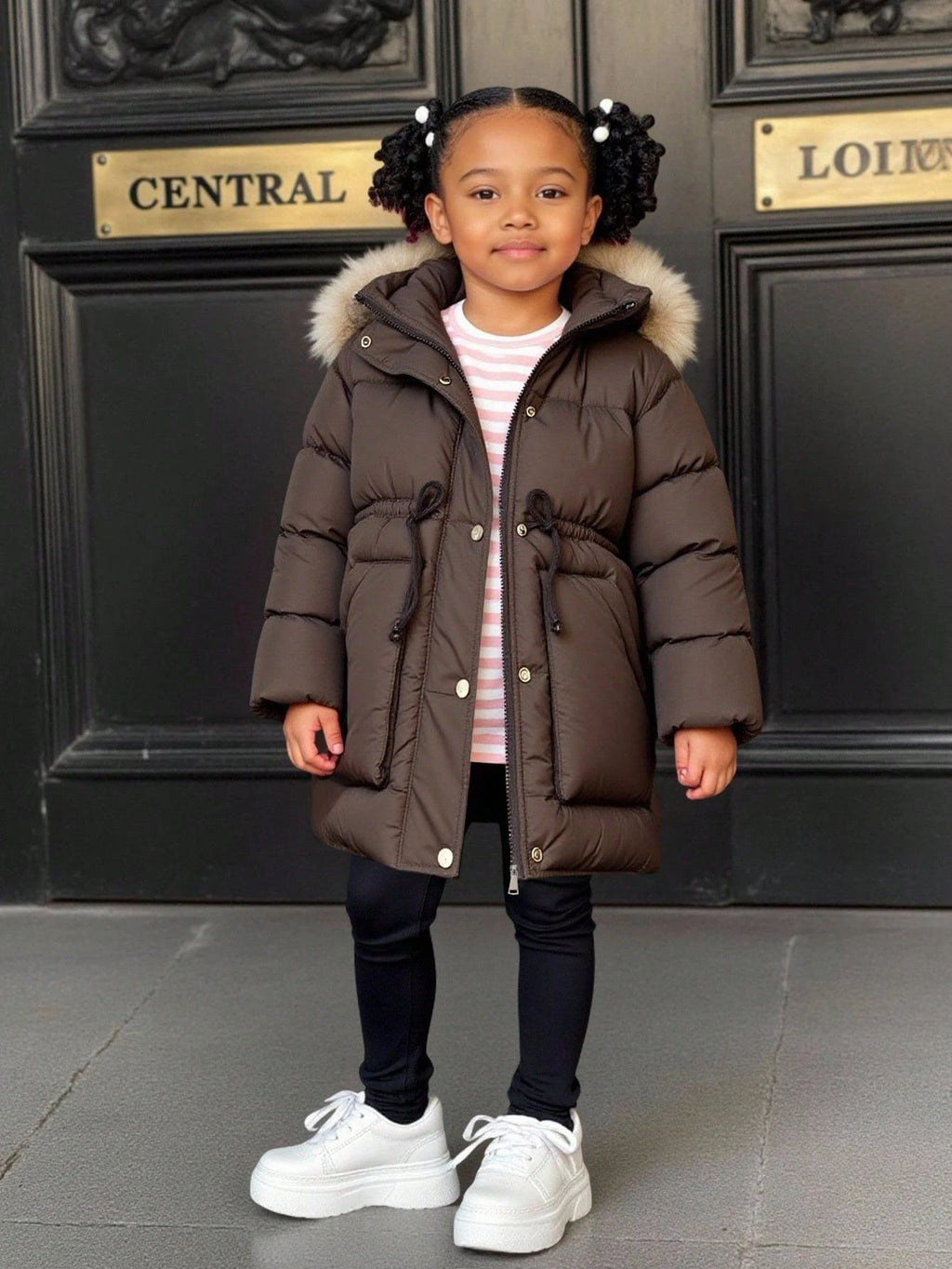 Young Girl Mid Length Waist Cinched Padded Coat