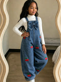 Baby Girl Bow Heart Embroidered Denim Straight Leg Overalls