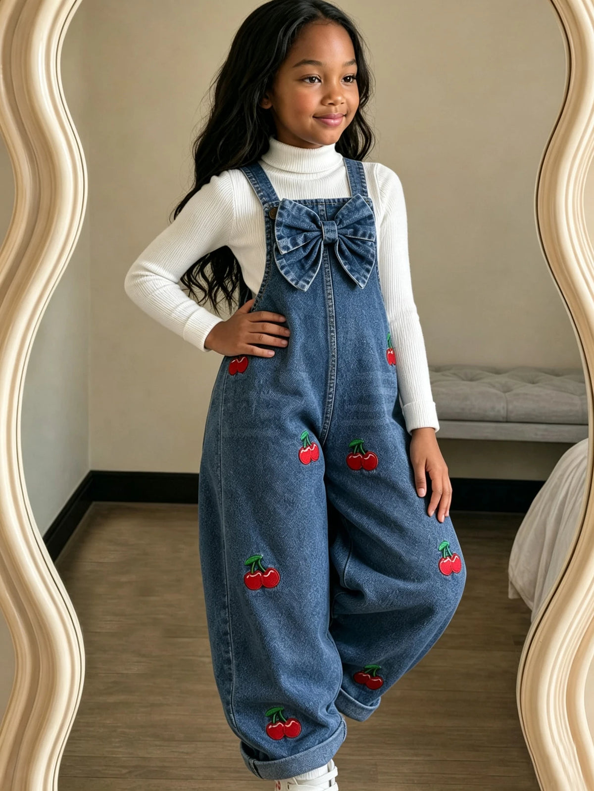 Baby Girl Bow Heart Embroidered Denim Straight Leg Overalls