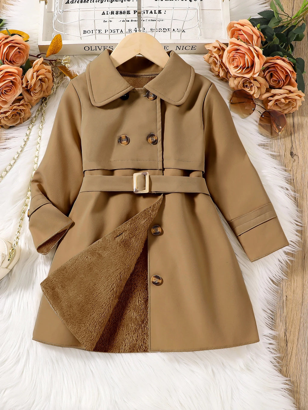 Young Girl Double Breasted Belted Midi Trench Coat