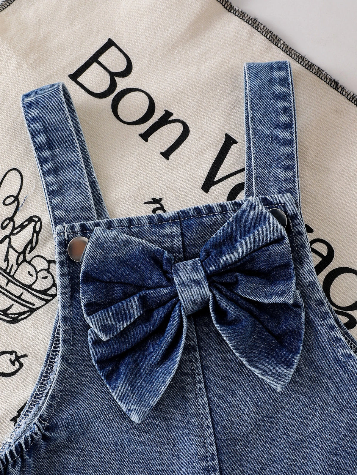 Baby Girl Bow Heart Embroidered Denim Straight Leg Overalls