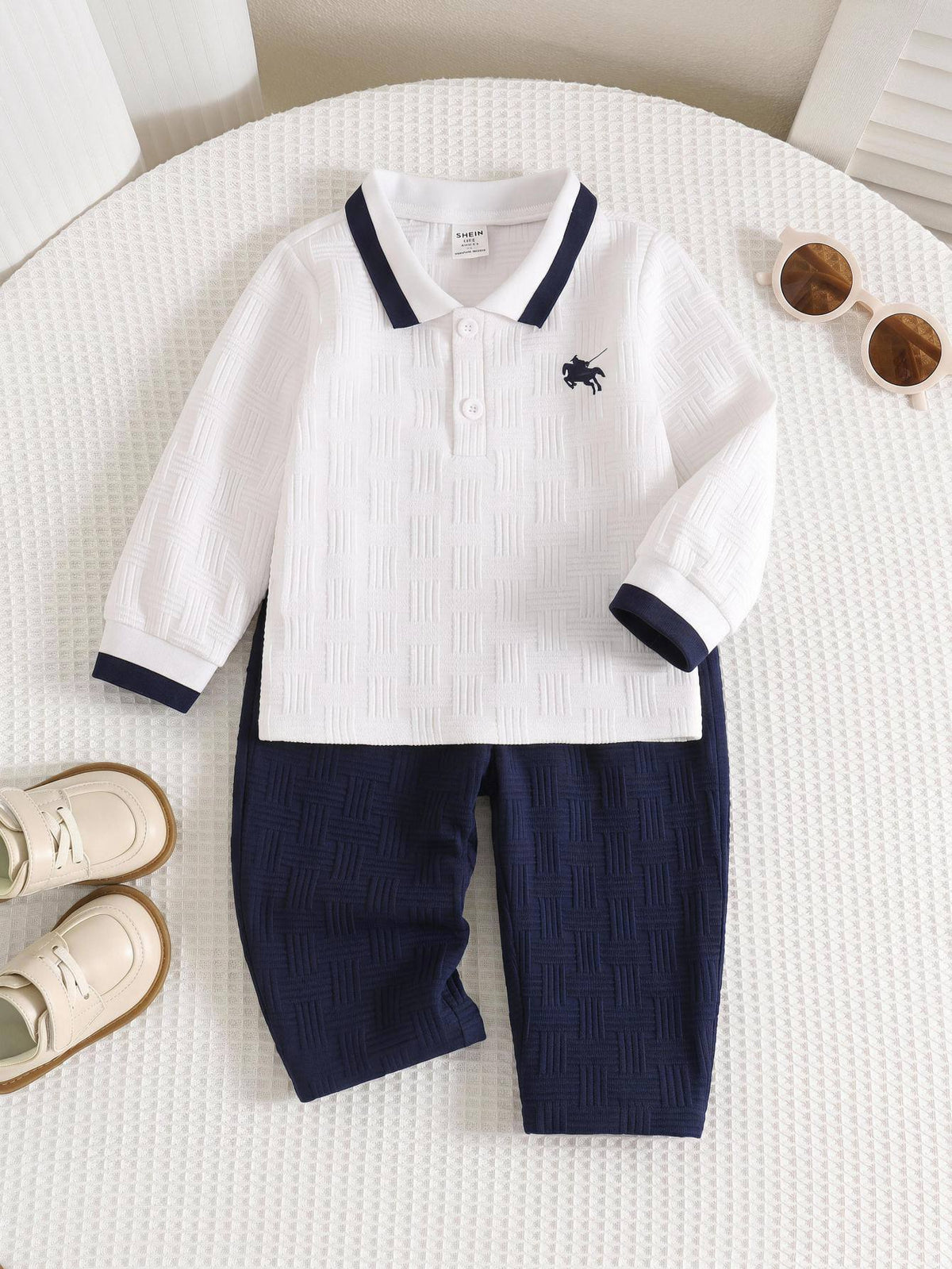 Baby Boy White Shirt Polo Blue Pants Set