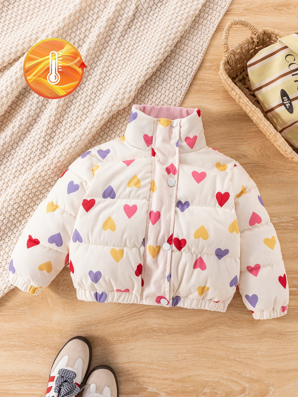 Young Girl Heart Print Corduroy Thickened Padded Coat