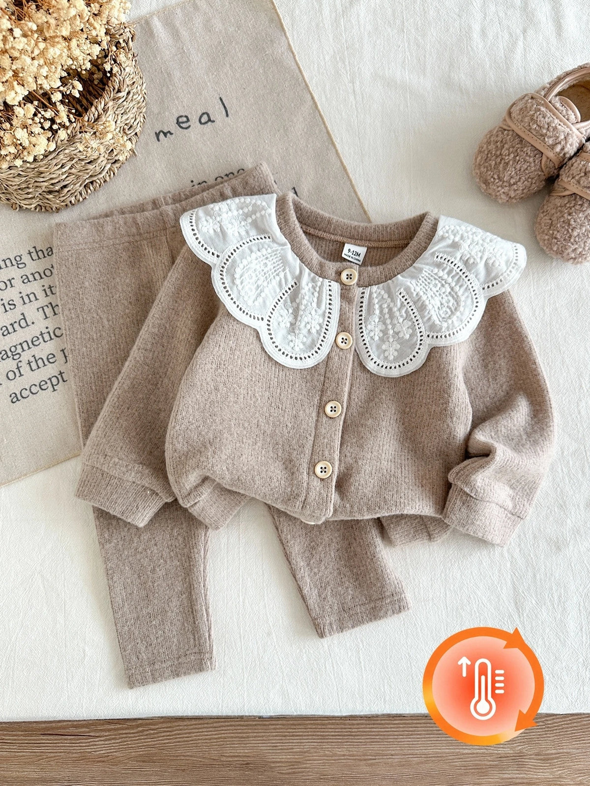 Baby Girl Camel Knit Lace Embroidered Set Khaki