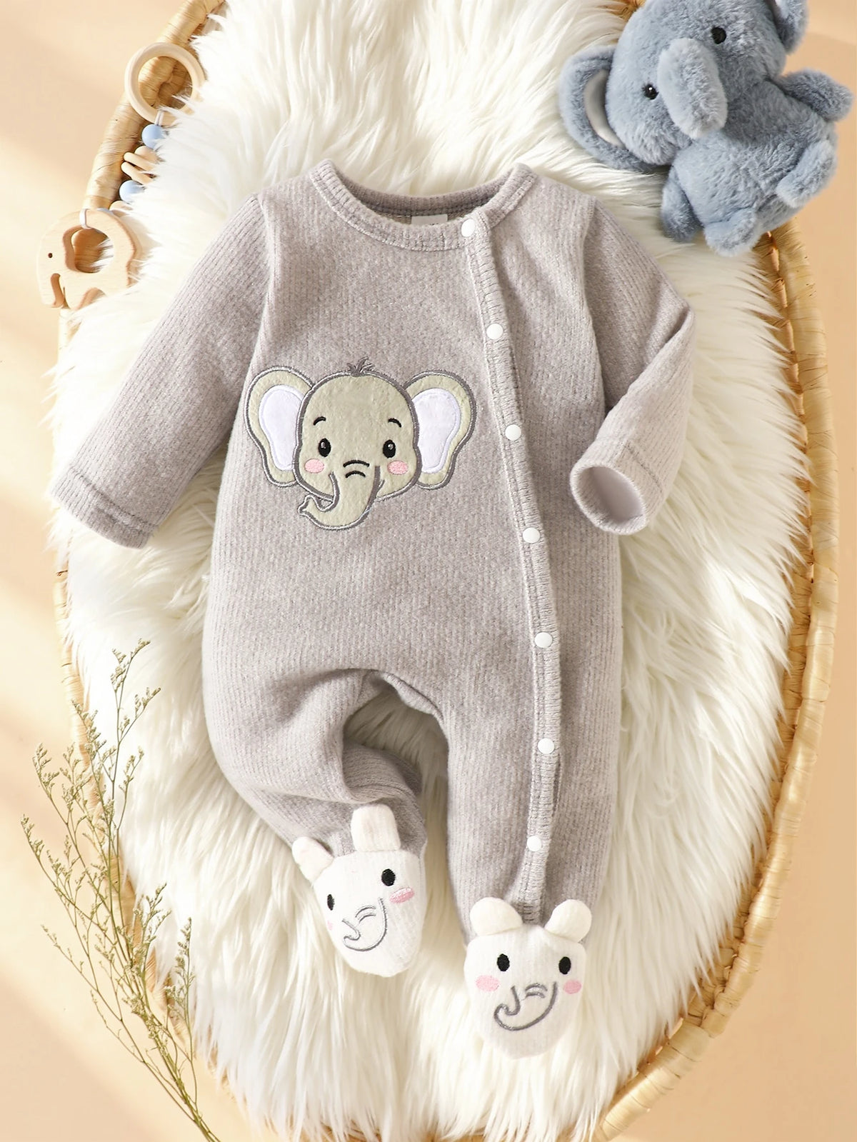 Unisex Gray Elephant Embroidered Long-Sleeve Jumpsuit Grey