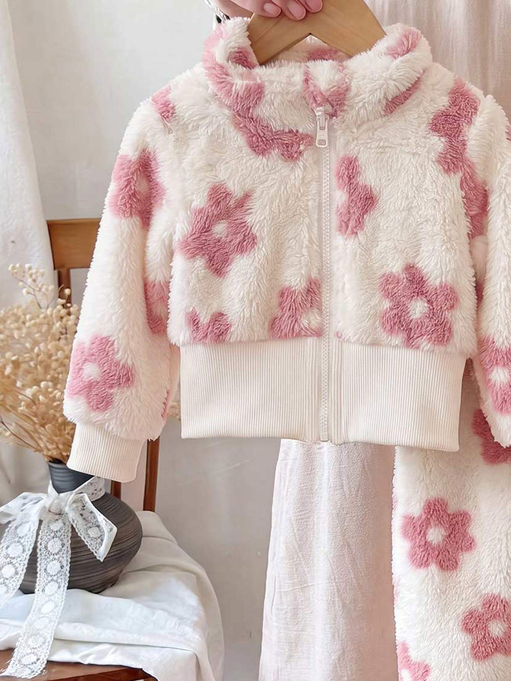 Ensemble veste à col montant et pantalon à fleurs en tissu duveteux pour bébé fille