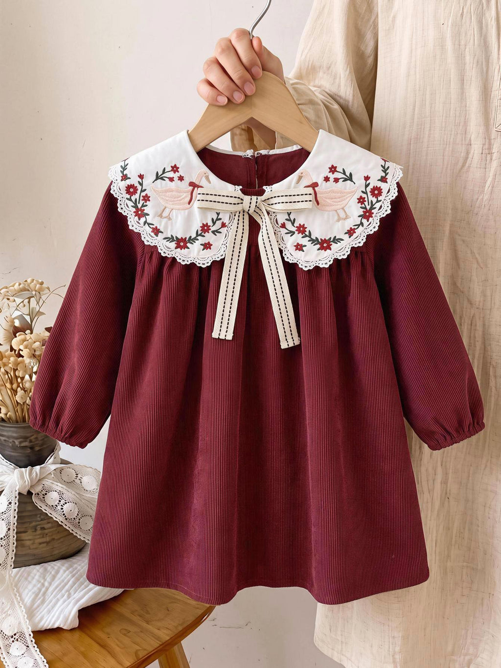 LMoss Kids Baby Girl Colorblock Embroidered Collar Dress