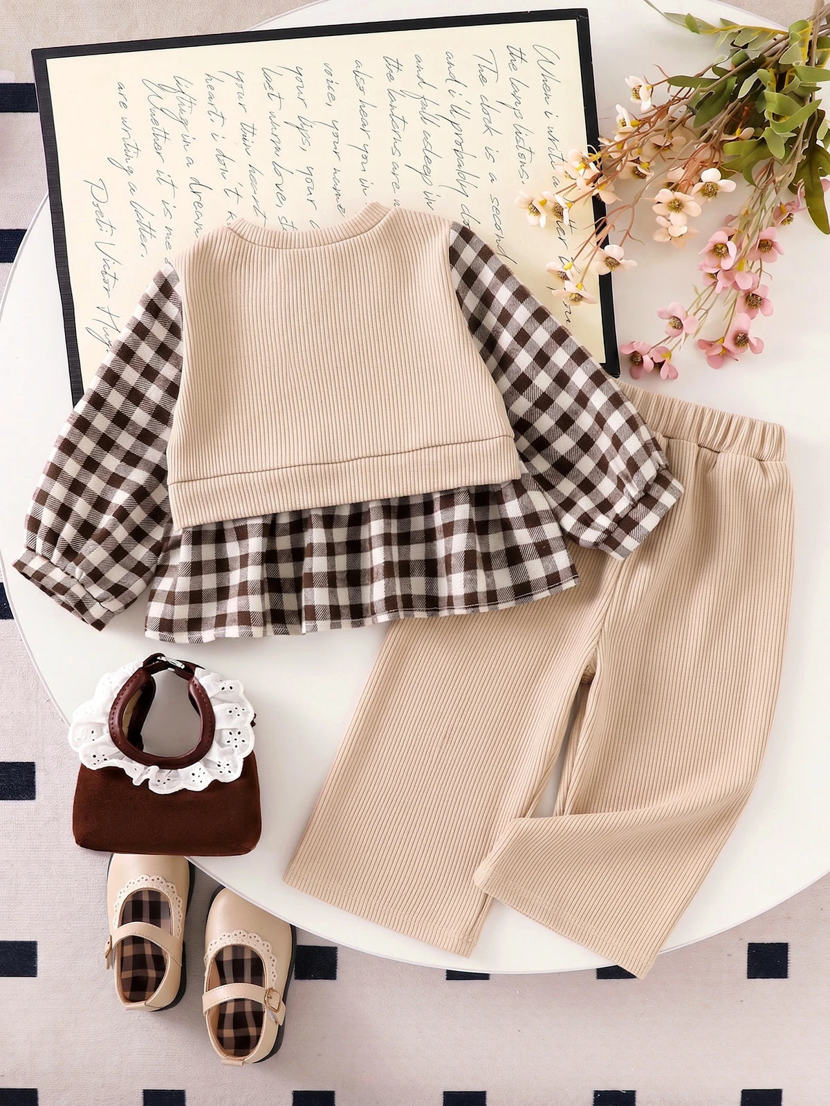 Toddler Girl Color Block Plaid Bow T-Shirt Ribbed Pants 2 Piece Set