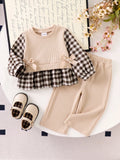 Toddler Girl Color Block Plaid Bow T-Shirt Ribbed Pants 2 Piece Set