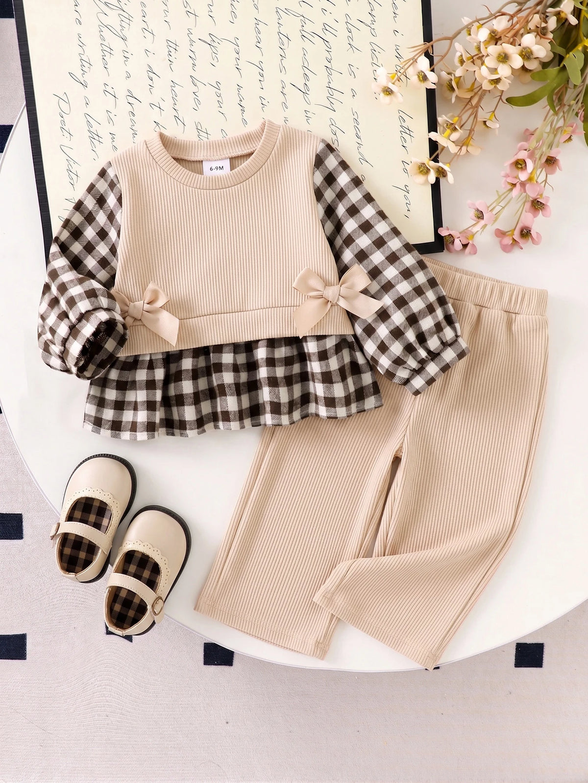 Toddler Girl Color Block Plaid Bow T-Shirt Ribbed Pants 2 Piece Set