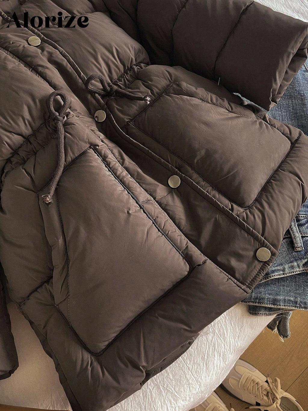 Young Girl Mid Length Waist Cinched Padded Coat
