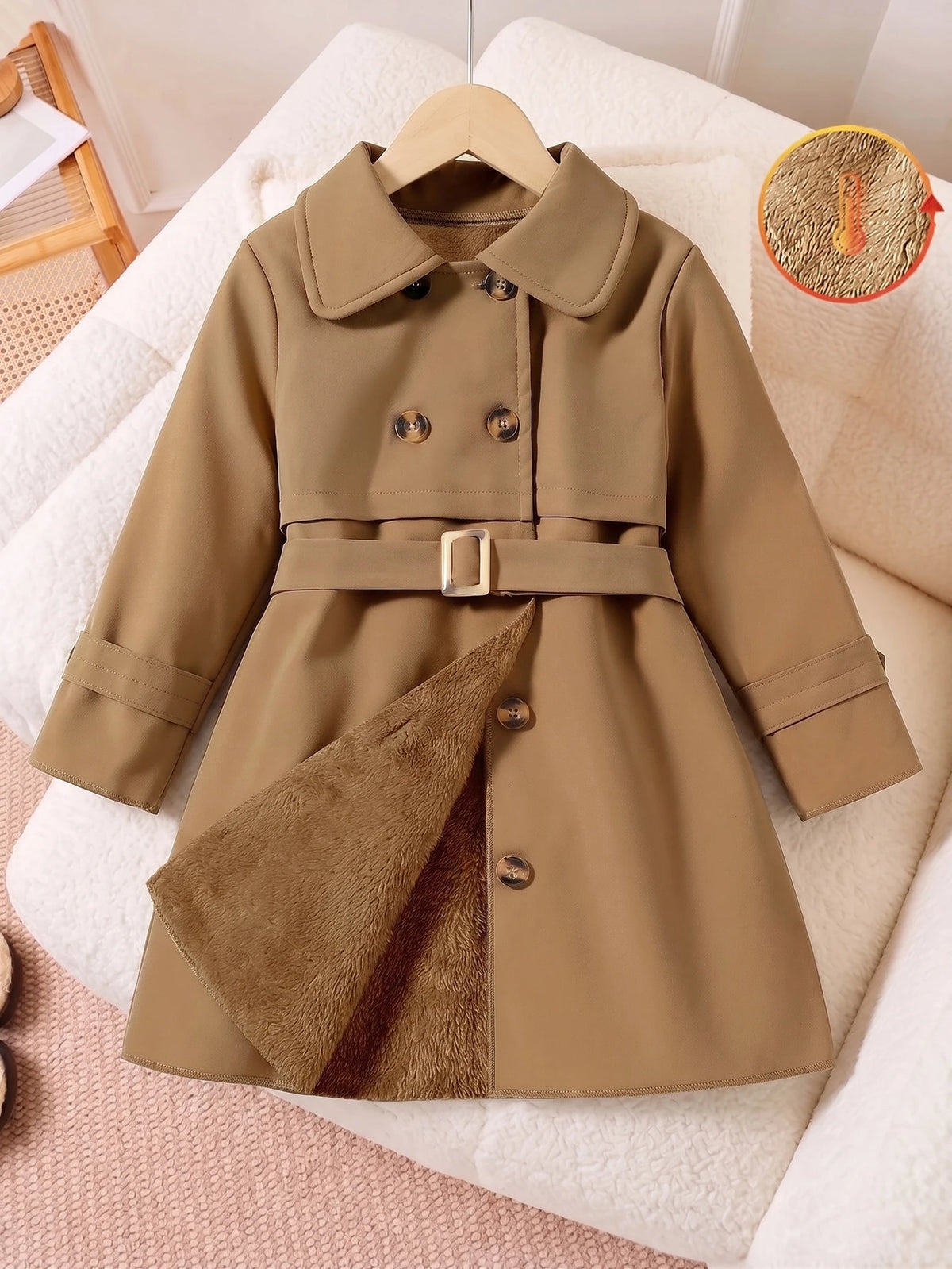 Young Girl Double Breasted Belted Midi Trench Coat