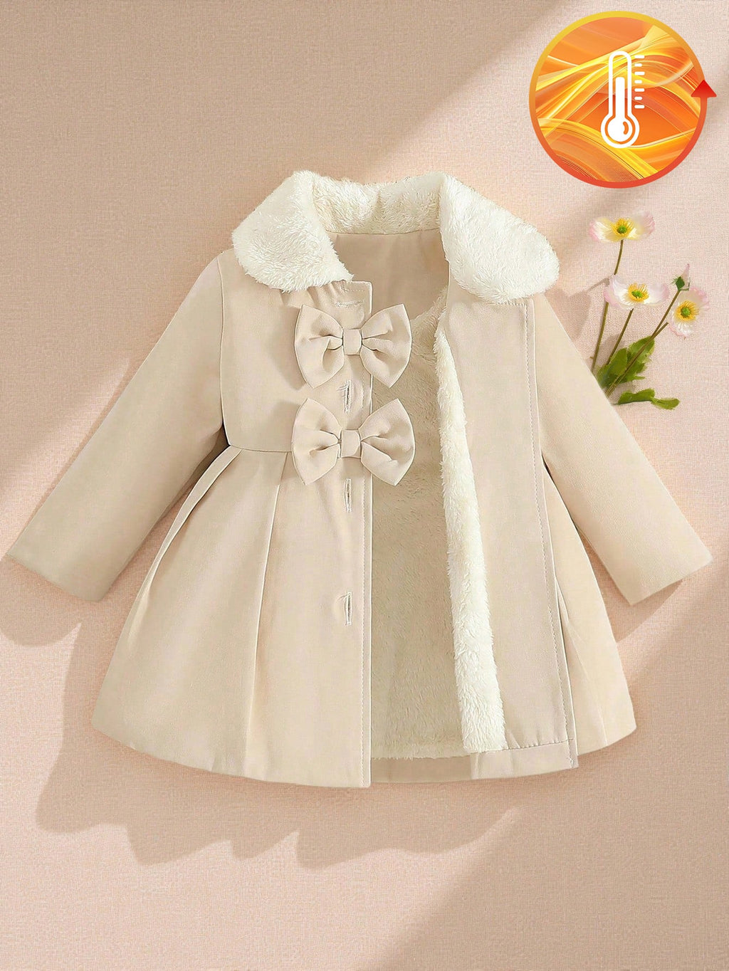 Baby Girl White Bow Faux Fur Collar Trench Coat White Apricot