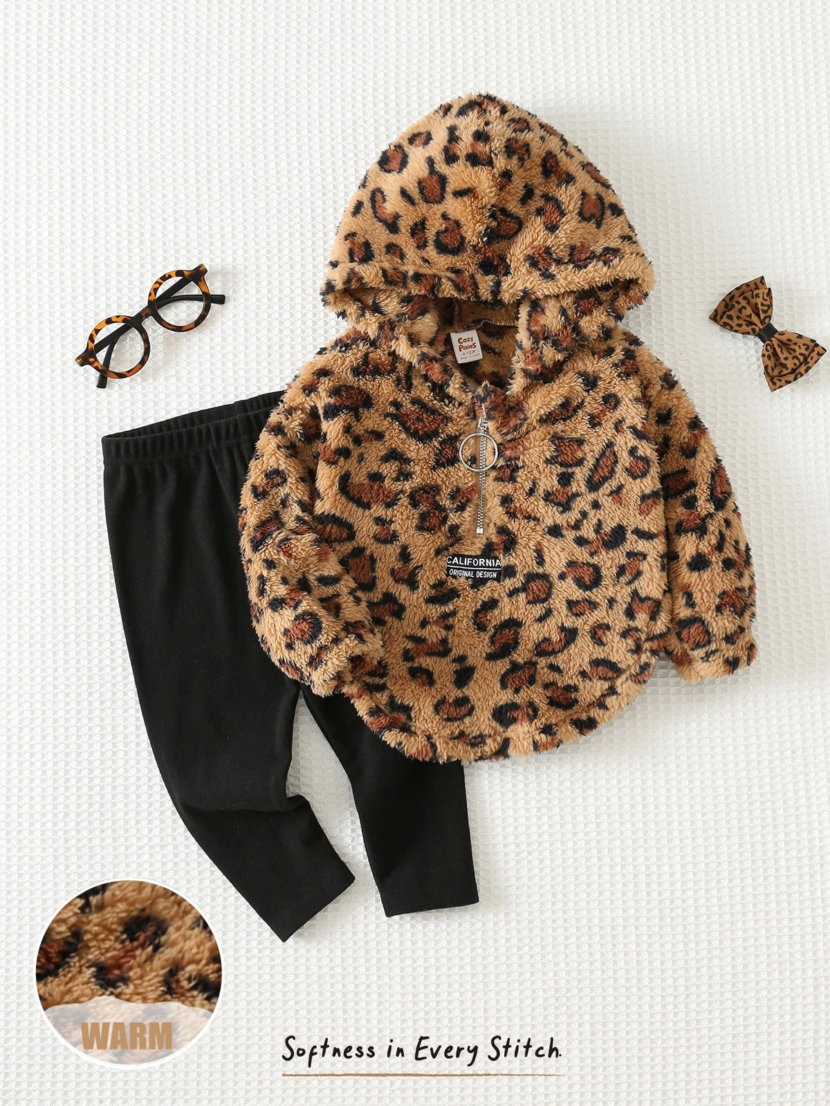 Ensemble 2 pièces legging et sweat à capuche en peluche à motif pour bébé fille