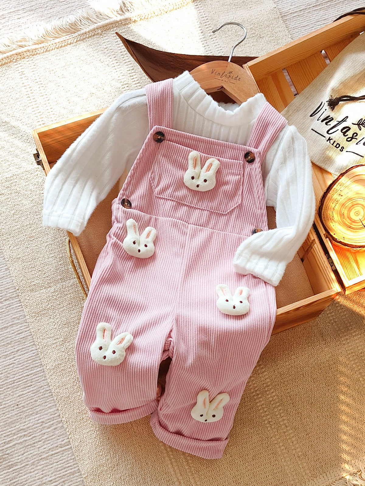 Baby Girl Solid Long Sleeve Top Rabbit Bib Pants Set